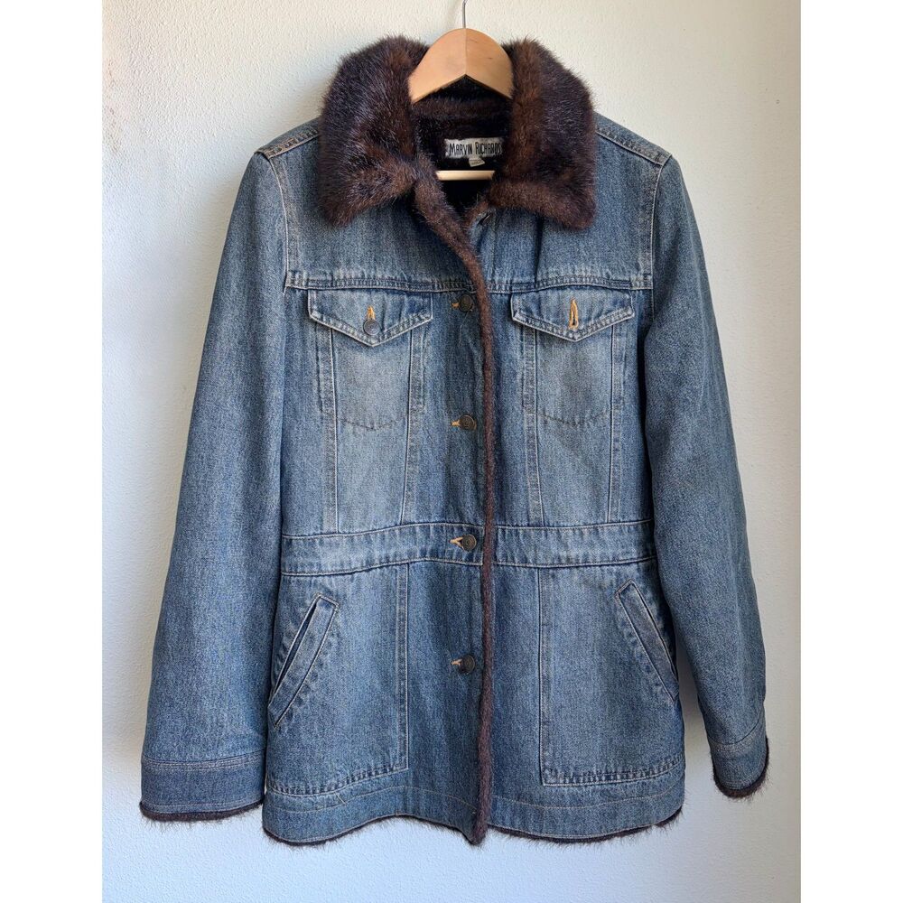 MARVIN RICHARDS Vtg 90s Faux Fur Lined Denim Penny Lane Jean Coat Womens Medium